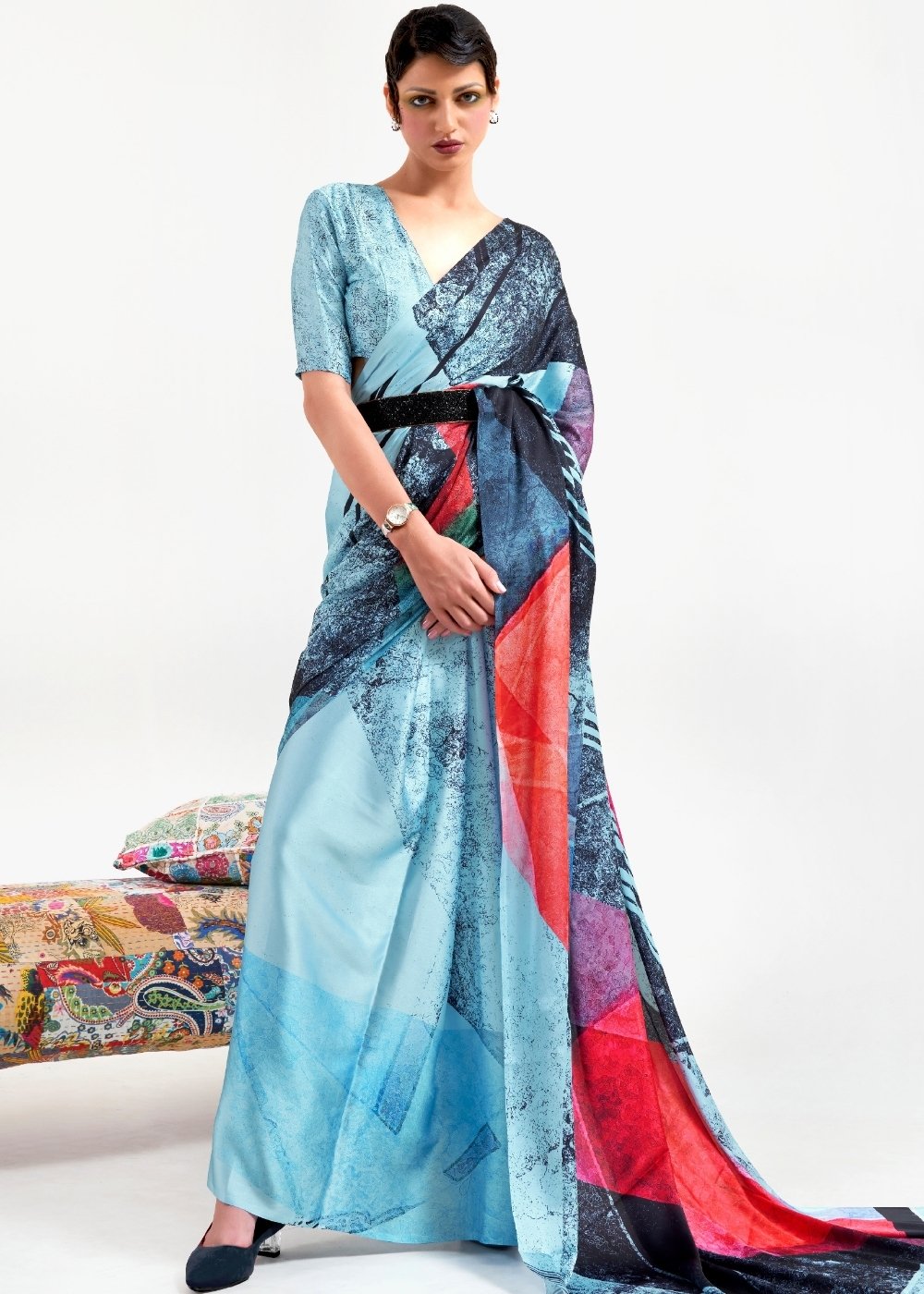 Sky Blue Digital Printed Satin Crepe Saree