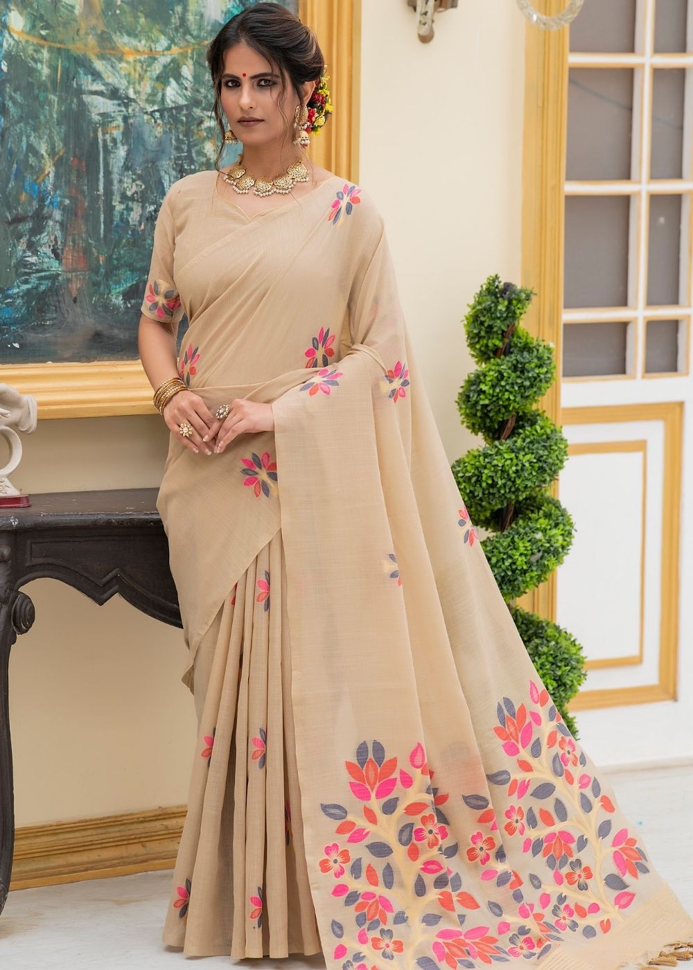 Tan Brown Floral Printed Linen Saree