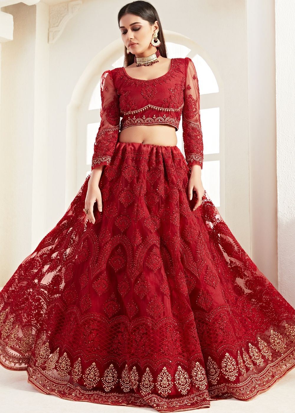 Apple Red Soft Net Lehenga Choli with Coding, Thread, Stonework & Zari Embroidery