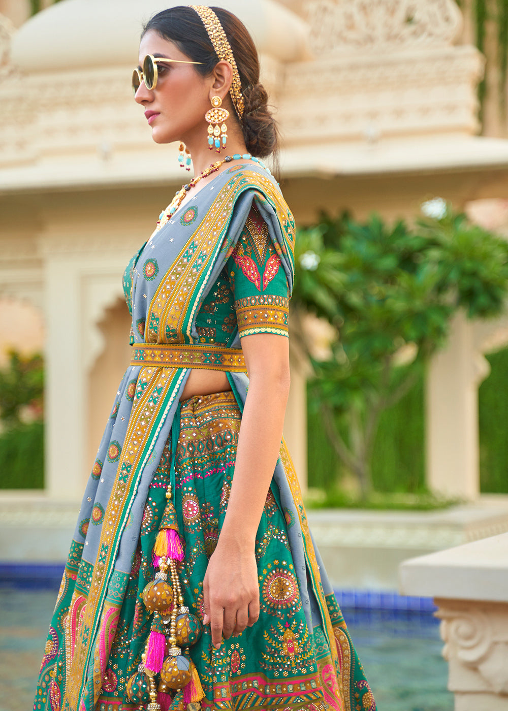 Turquoise Blue Ready to Wear Designer Silk Lehenga Choli with Sparkle & Mirror work