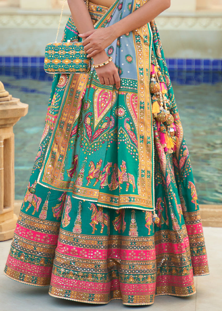 Turquoise Blue Ready to Wear Designer Silk Lehenga Choli with Sparkle & Mirror work