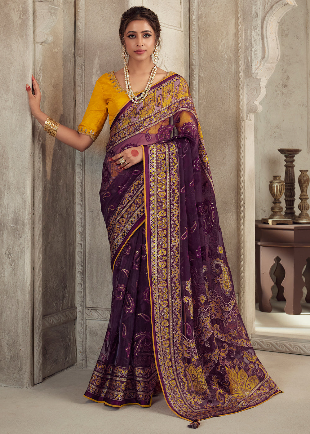 Eggplant Purple Floral Printed Organza Silk Saree