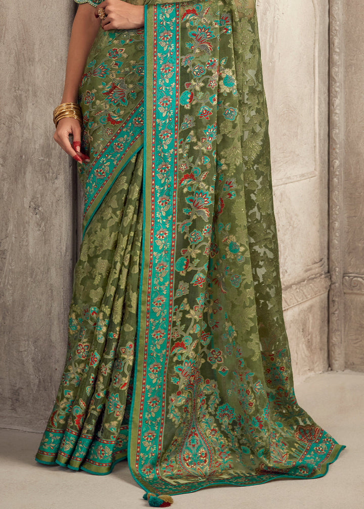 Fern Green Floral Printed Organza Silk Saree