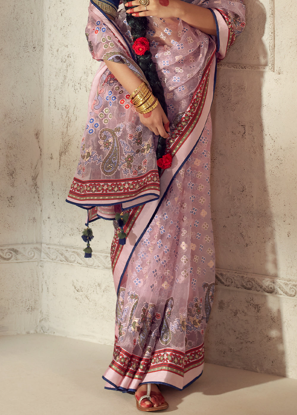 Light Pink Floral Printed Organza Silk Saree