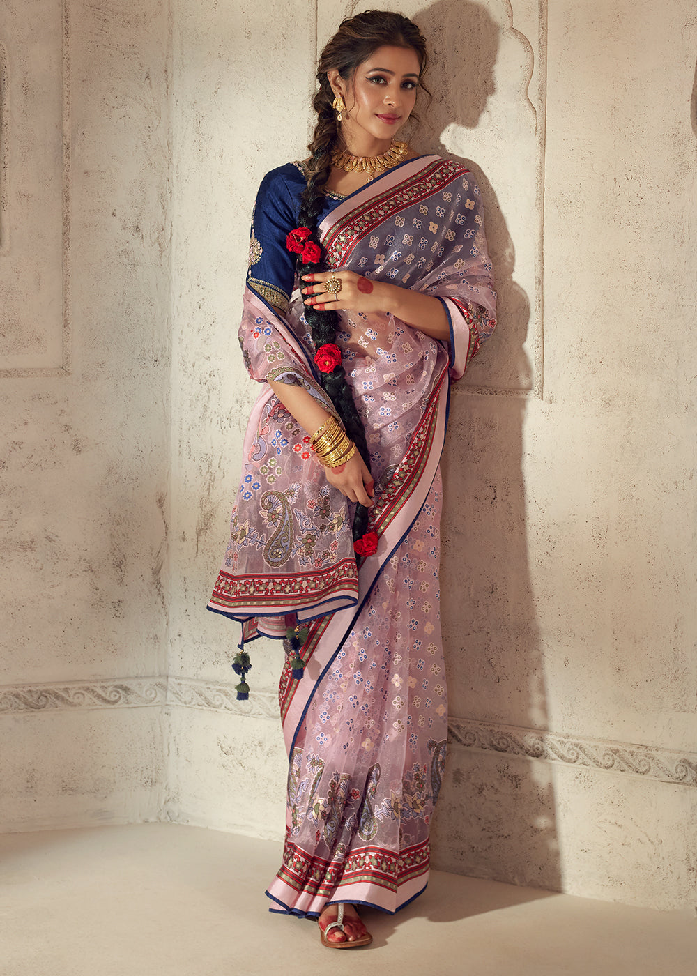 Light Pink Floral Printed Organza Silk Saree