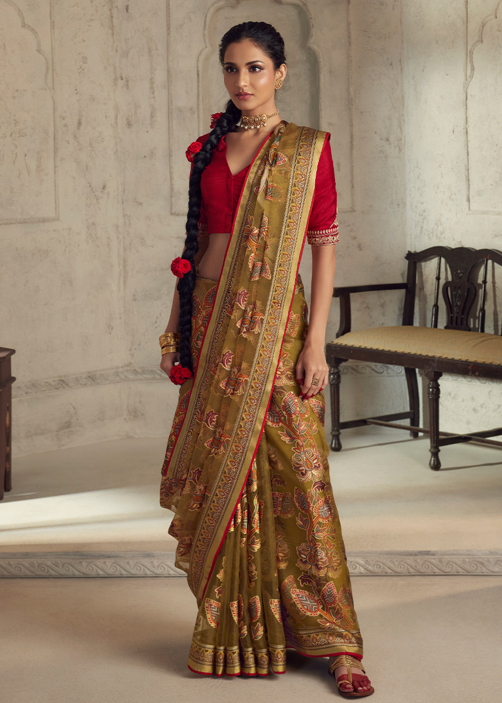 Caramel Brown Floral Printed Organza Silk Saree