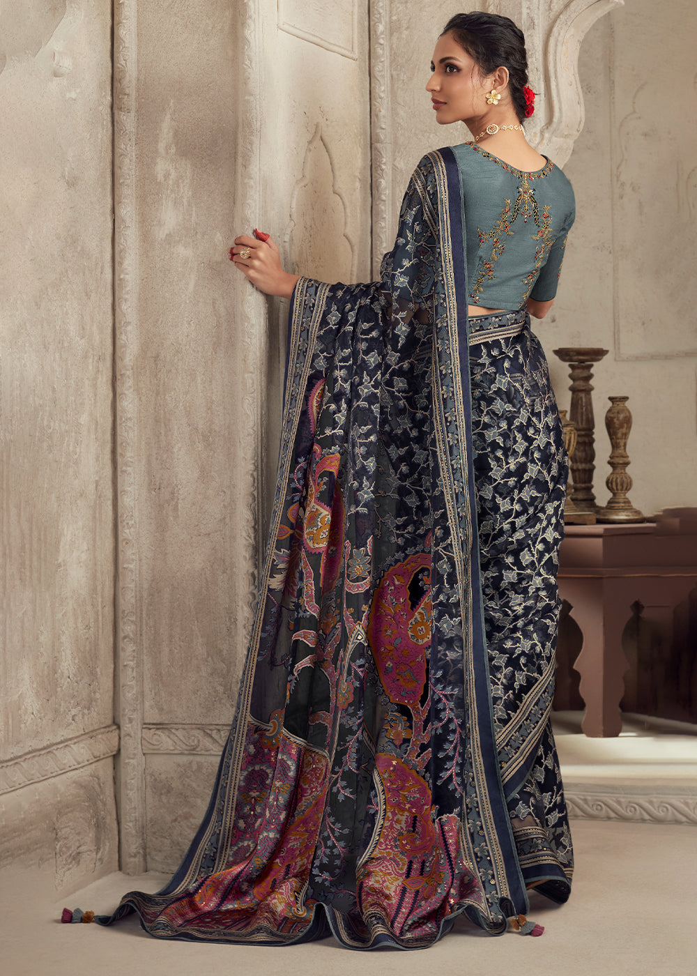 Dark Blue Floral Printed Organza Silk Saree