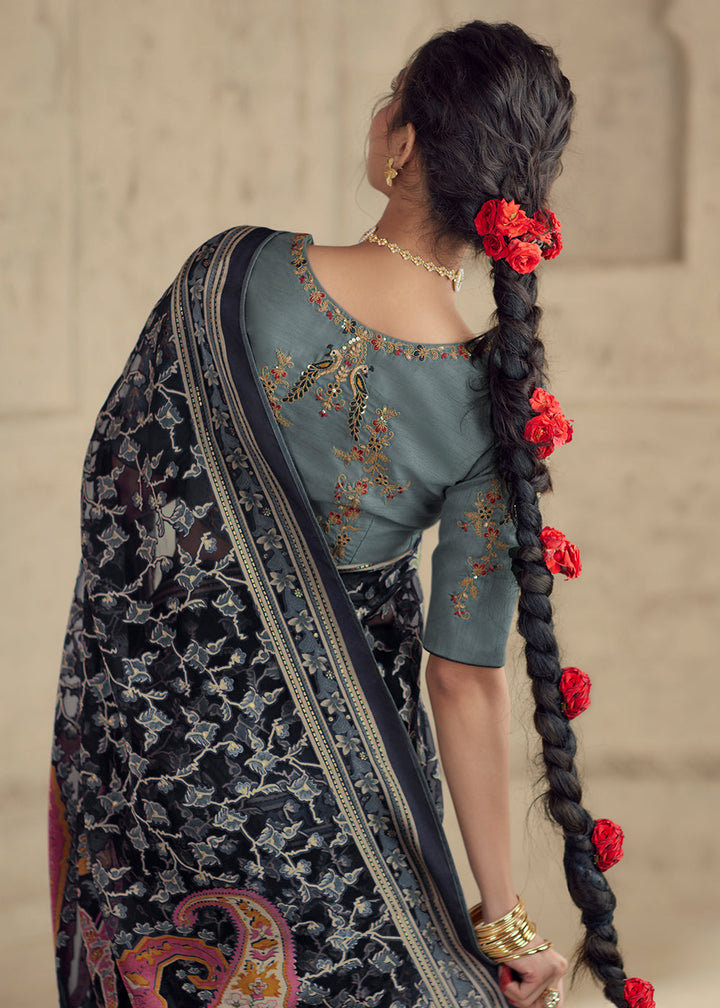 Dark Blue Floral Printed Organza Silk Saree