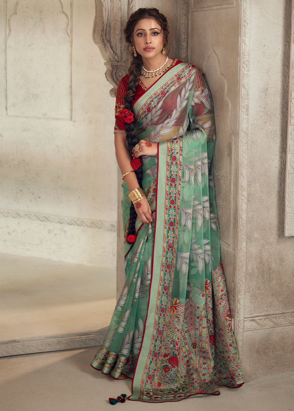 Cool Green Floral Printed Organza Silk Saree