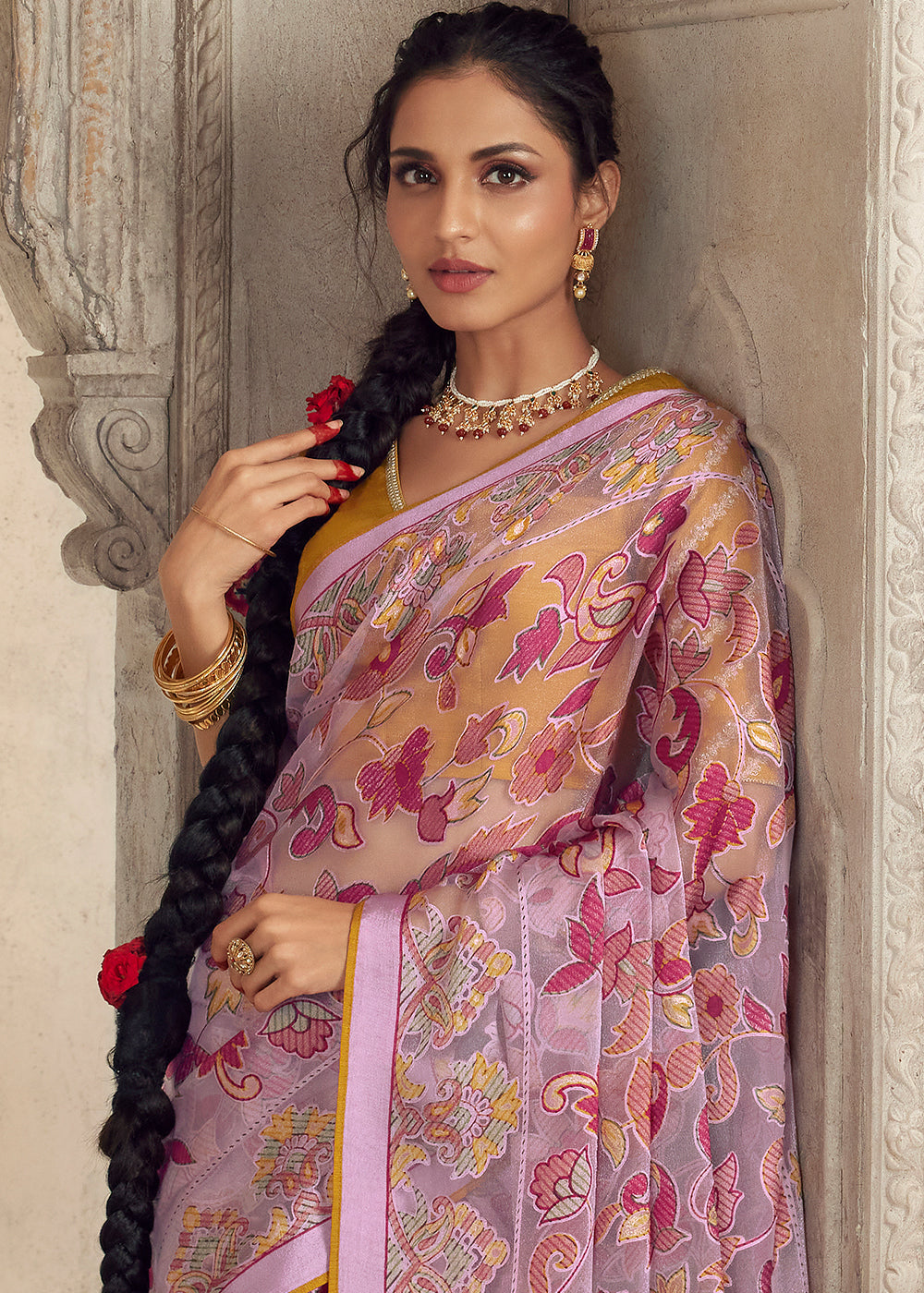 Lemonade Pink Floral Printed Organza Silk Saree