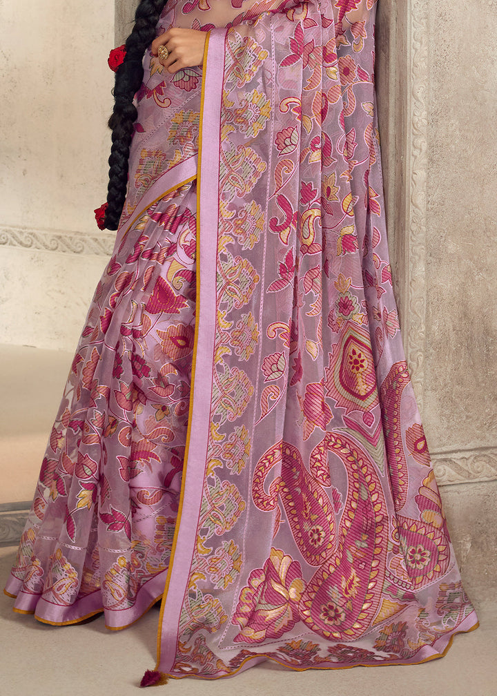 Lemonade Pink Floral Printed Organza Silk Saree