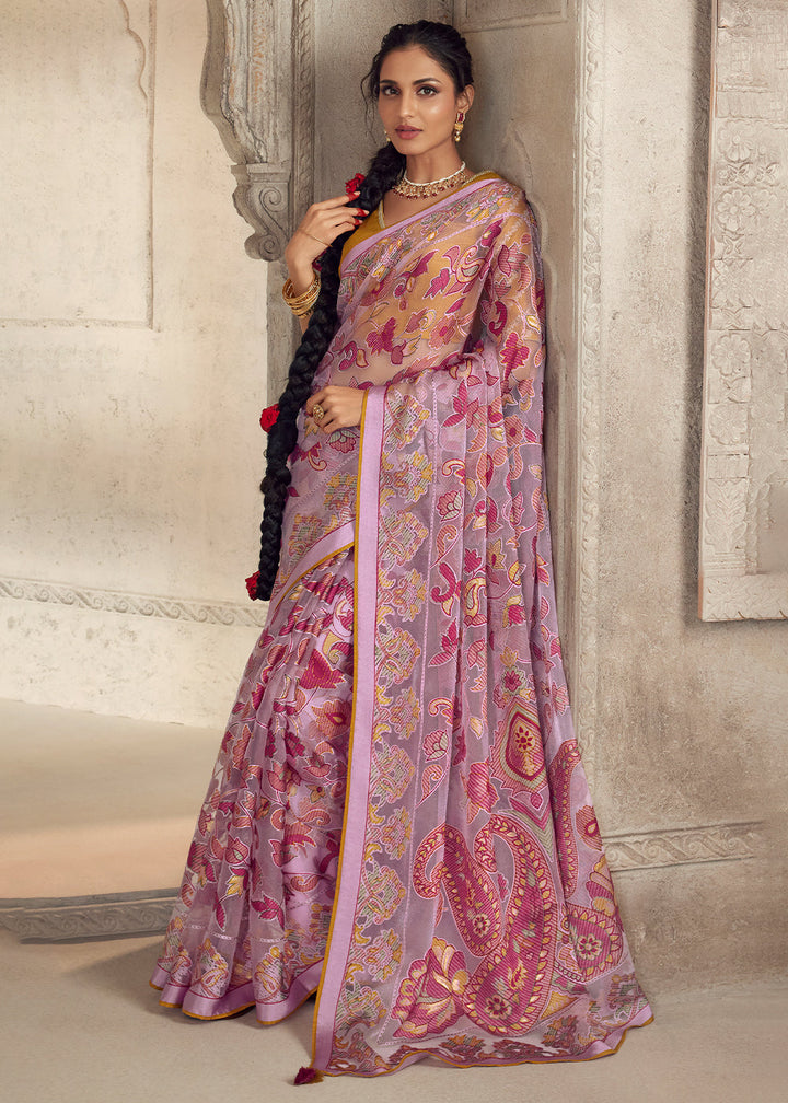 Lemonade Pink Floral Printed Organza Silk Saree