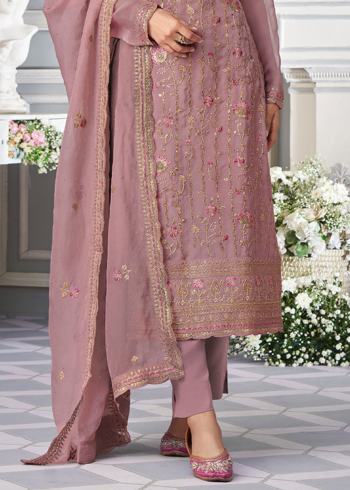 Opera Mauve Purple Organza Silk Embroidered Salwar Suit