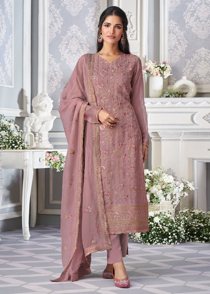 Opera Mauve Purple Organza Silk Embroidered Salwar Suit