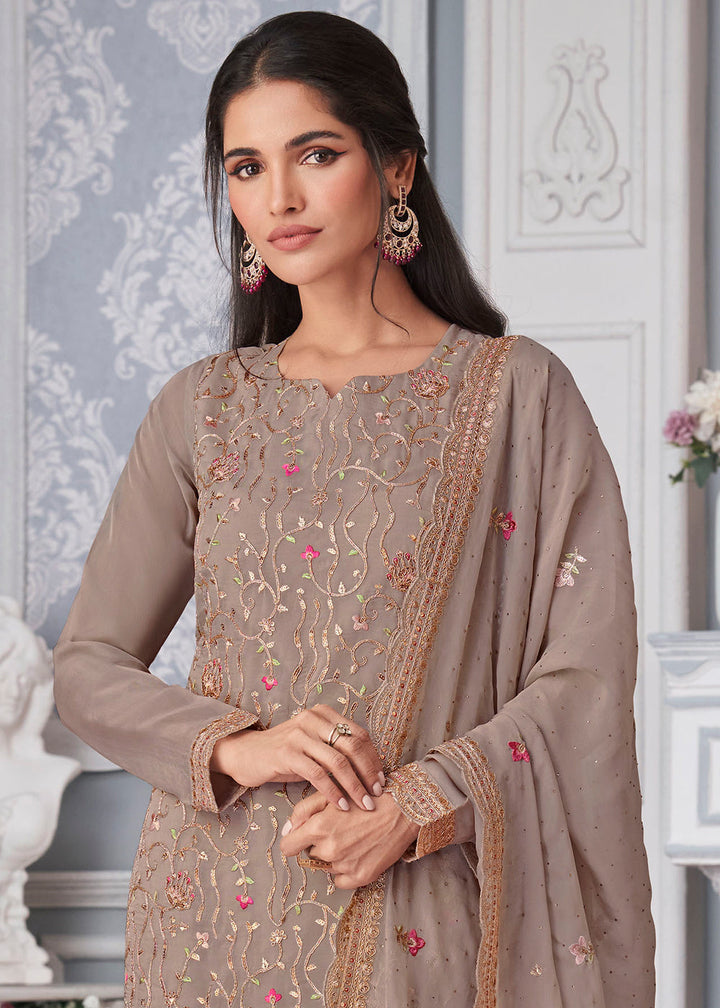 Elephant Grey Organza Silk Embroidered Salwar Suit