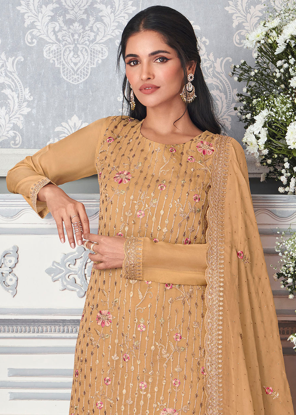 Sepia Yellow Organza Silk Embroidered Salwar Suit