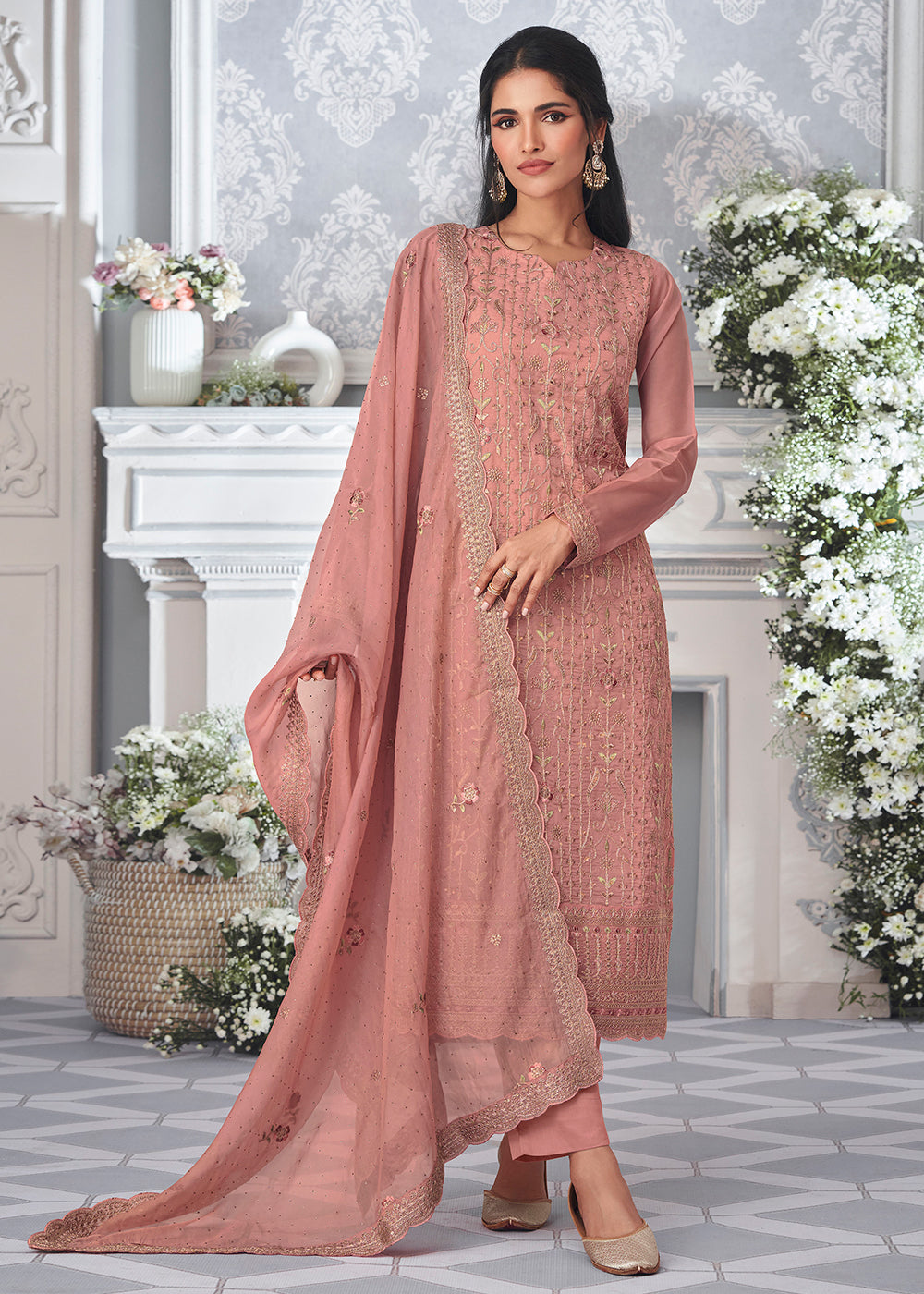 Puce Pink Organza Silk Embroidered Salwar Suit