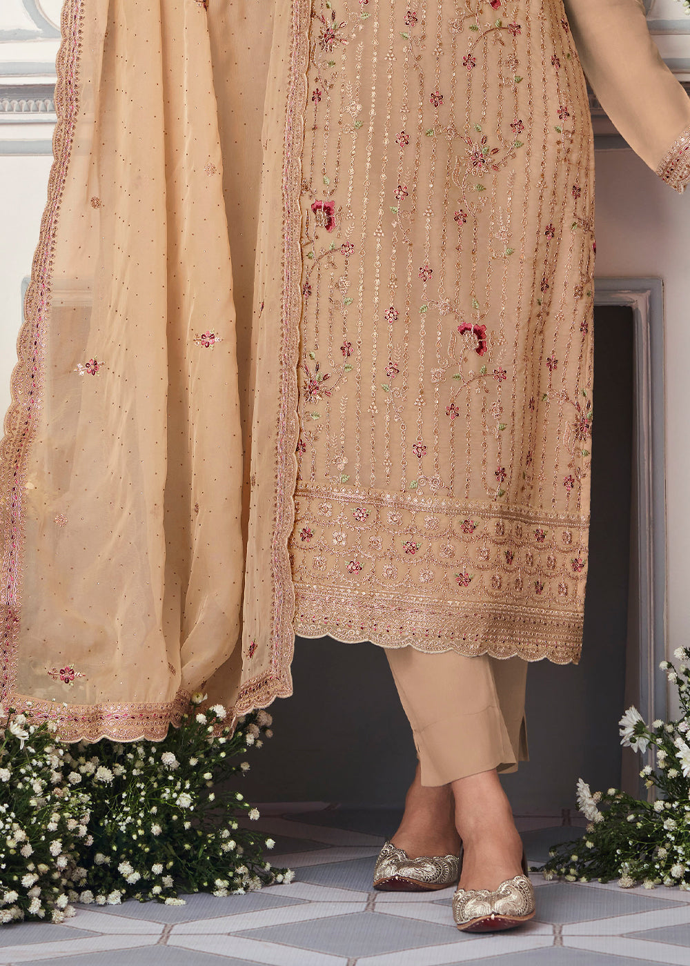 Tan Brown Organza Silk Embroidered Salwar Suit