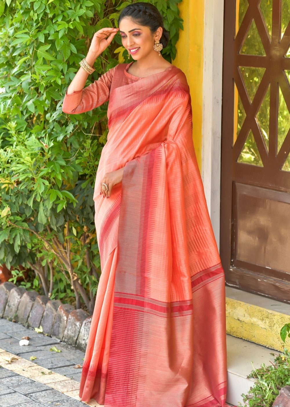 Peach Pink Zari Weaving Silk Saree with Tassels on Pallu