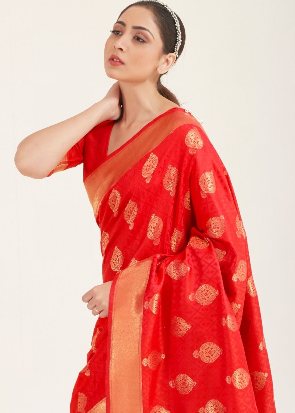 Ferrari Red Zari Butta Woven Banasari Silk Saree