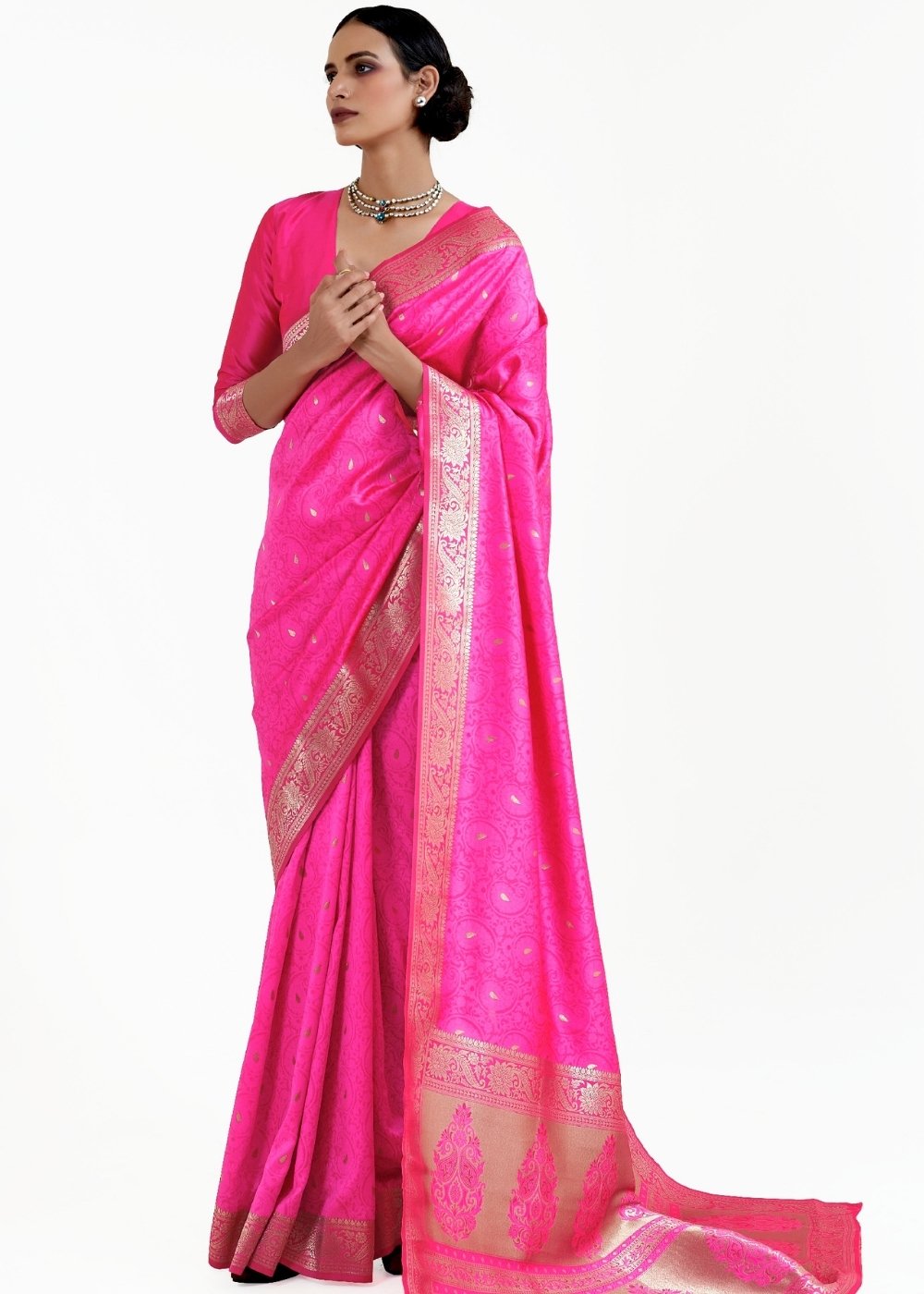 Hot Pink Woven Kanjivaram Silk Saree