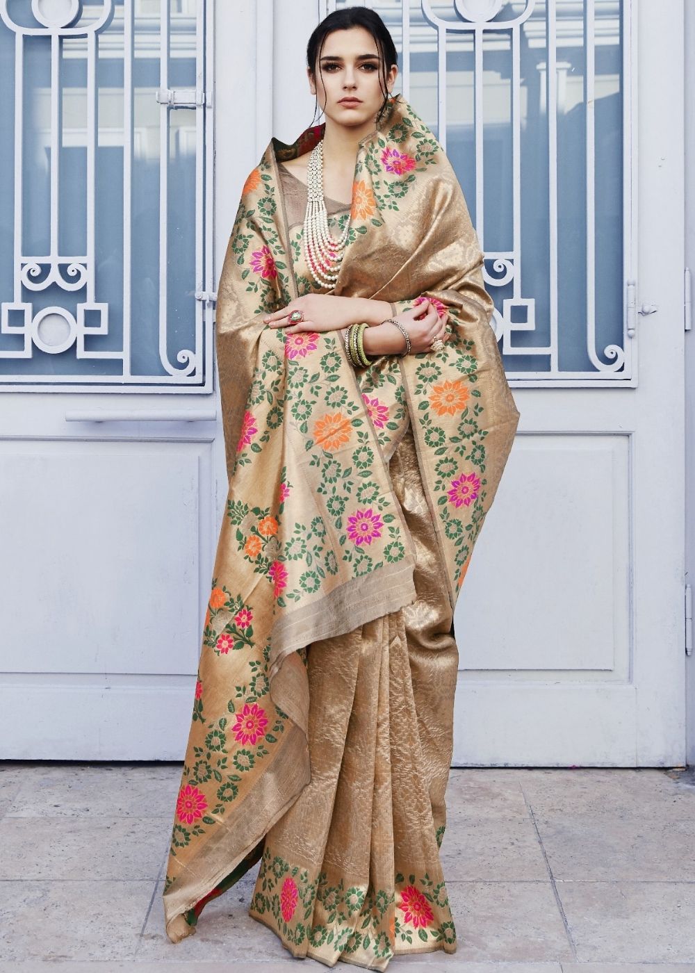 Cedar Brown and Golden Blend Silk Saree with Floral Woven Border and Pallu