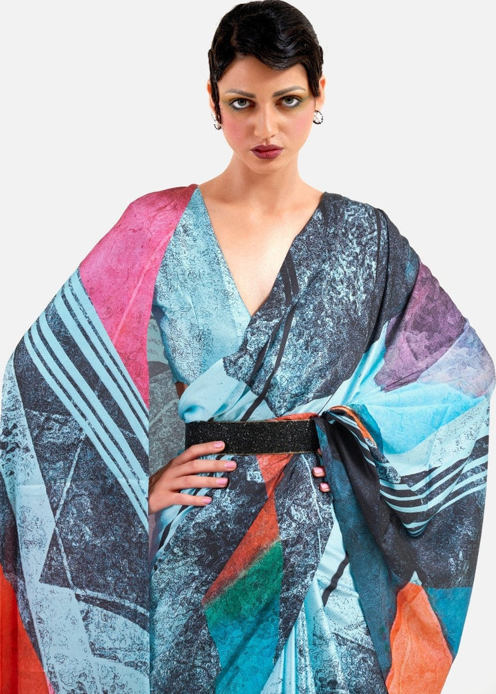 Sky Blue Digital Printed Satin Crepe Saree