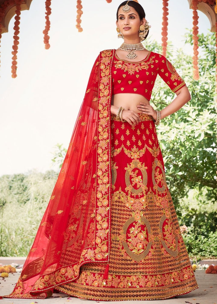 Rose Red Silk Bridal Lehenga Choli with Heavy Thread Embroidery and Stone work