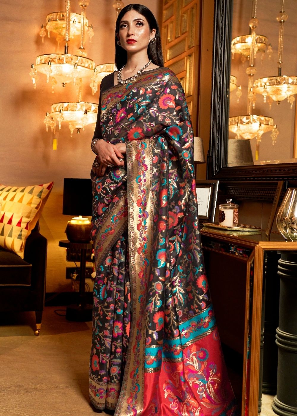 Pebble Black Banarasi Jamawar Woven Silk Saree