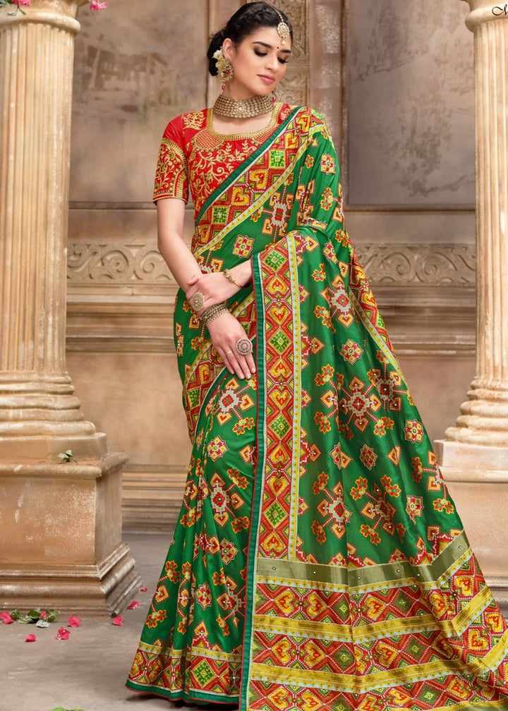 Jade Green Patola Silk Saree with Mirror Khatli and Cut-Dana work