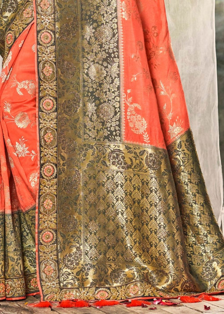 CoralPink and Grey Banarasi Dola Silk Saree with Resham Embroidery, Zari and Sequence work