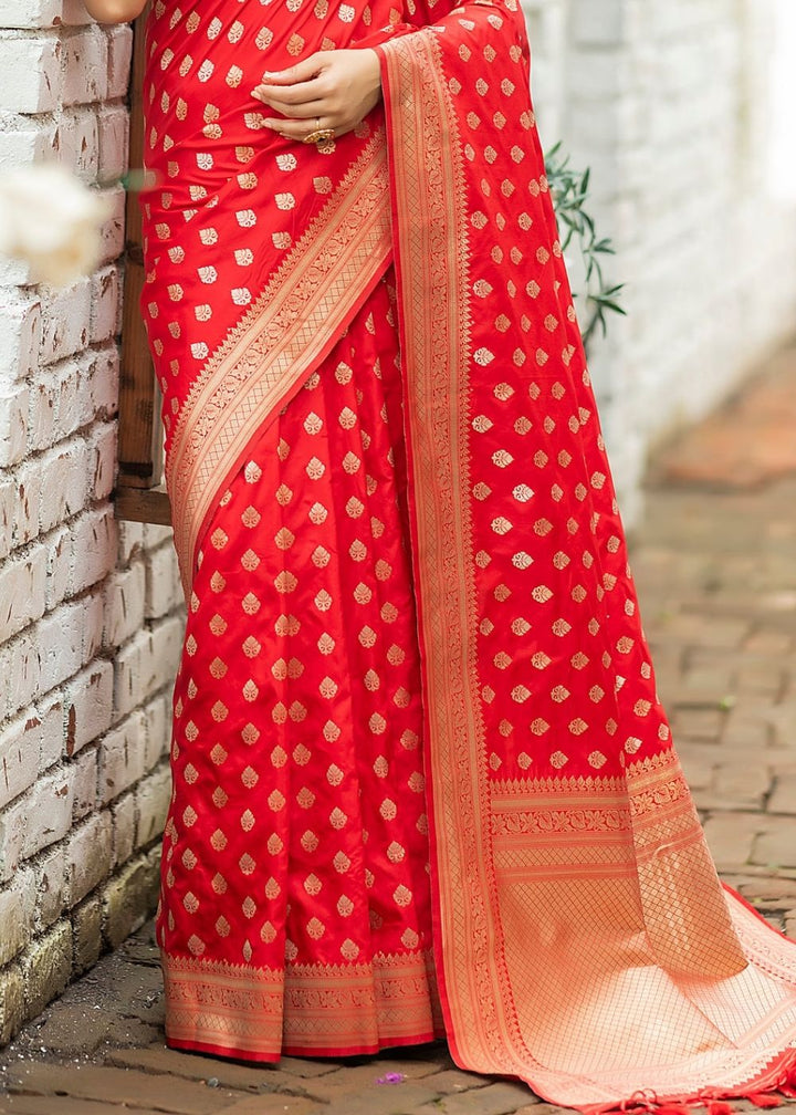 Ferrari Red Soft Banarasi Silk Saree with overall Butti