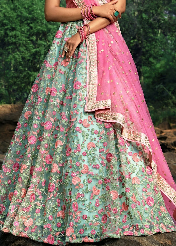 Pista Green & Pink Designer Soft Net Lehenga Choli with Sequins, Thread & Zari work