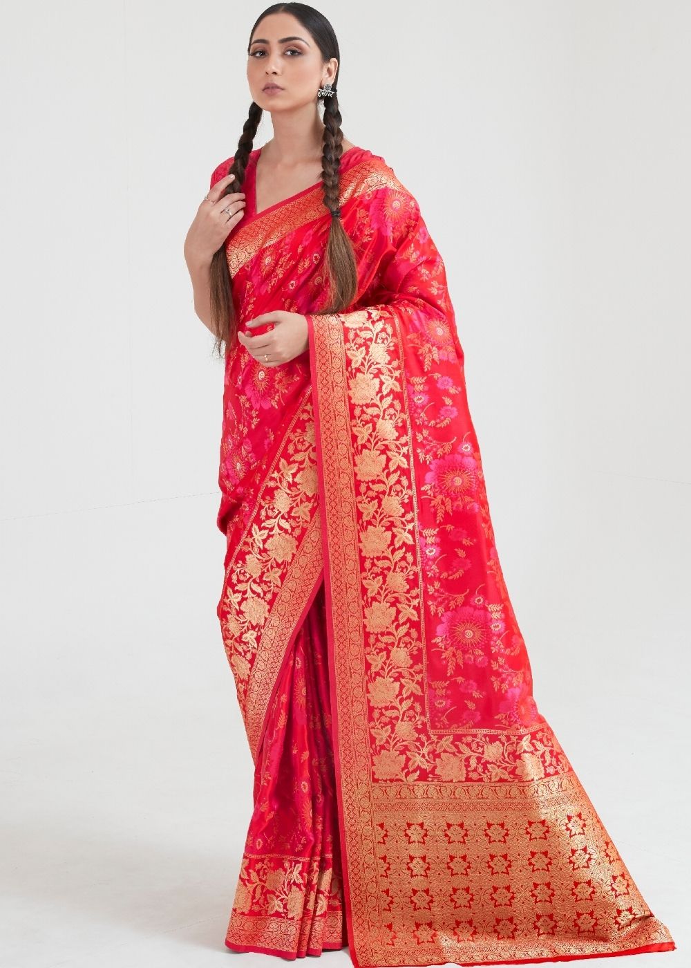 Ruby Pink Zari Woven Banarasi Silk Saree