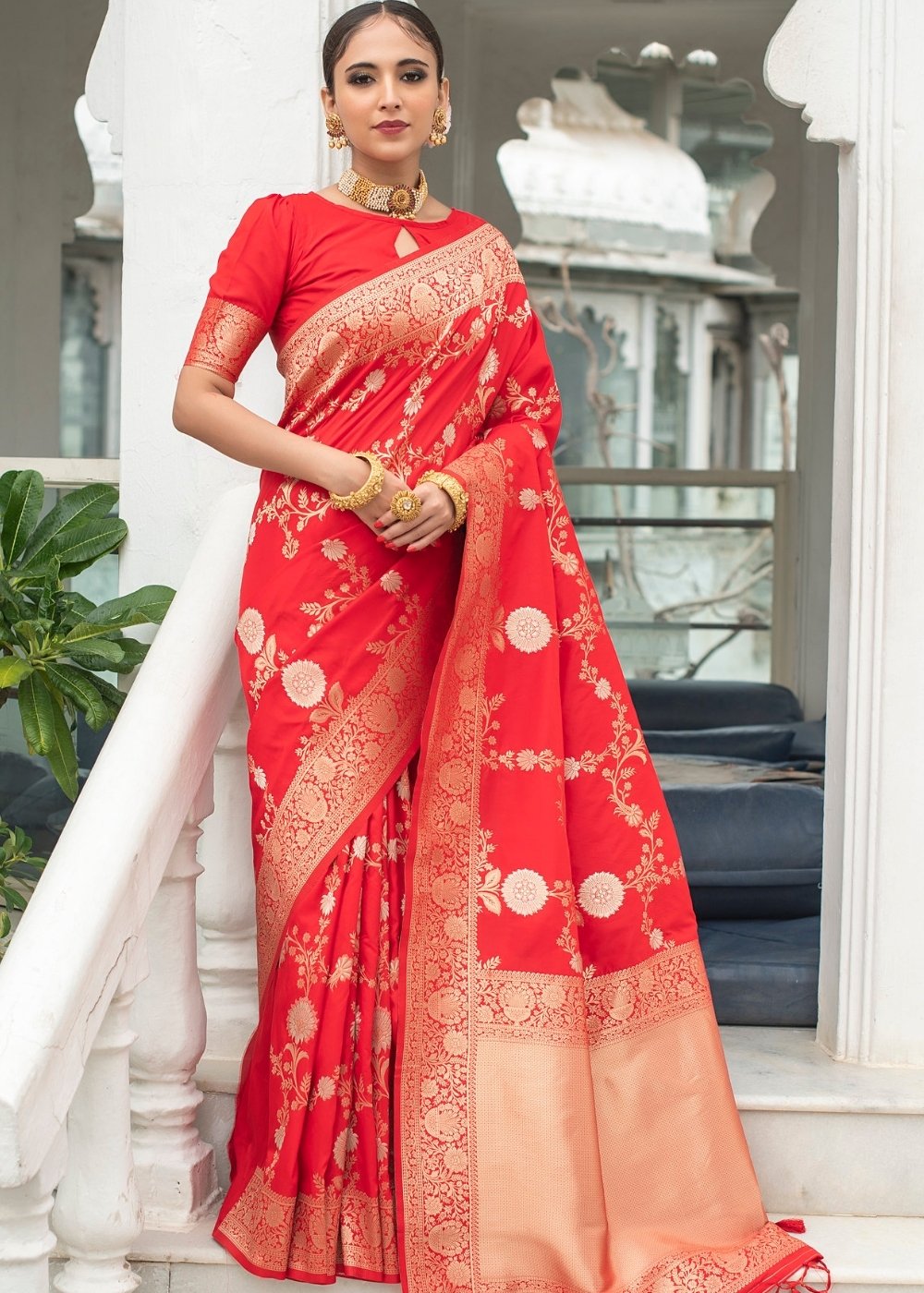 Imperial Red Soft Banarasi Silk Saree with Floral Zari work