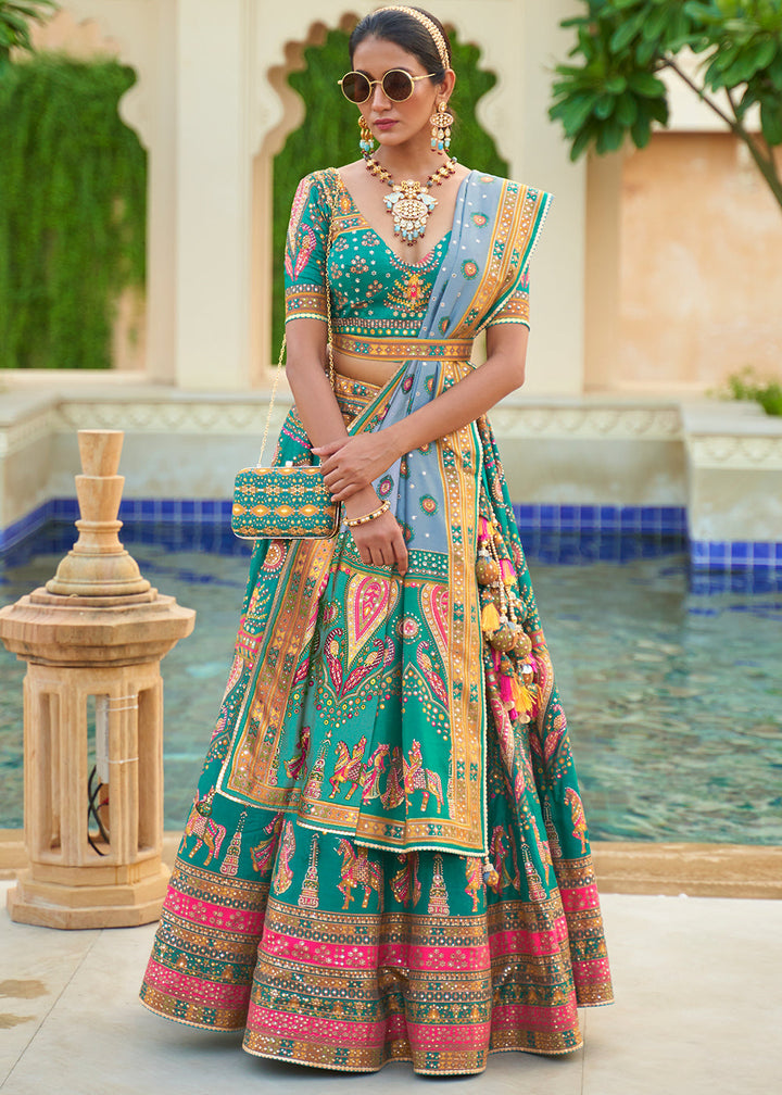 Turquoise Blue Ready to Wear Designer Silk Lehenga Choli with Sparkle & Mirror work