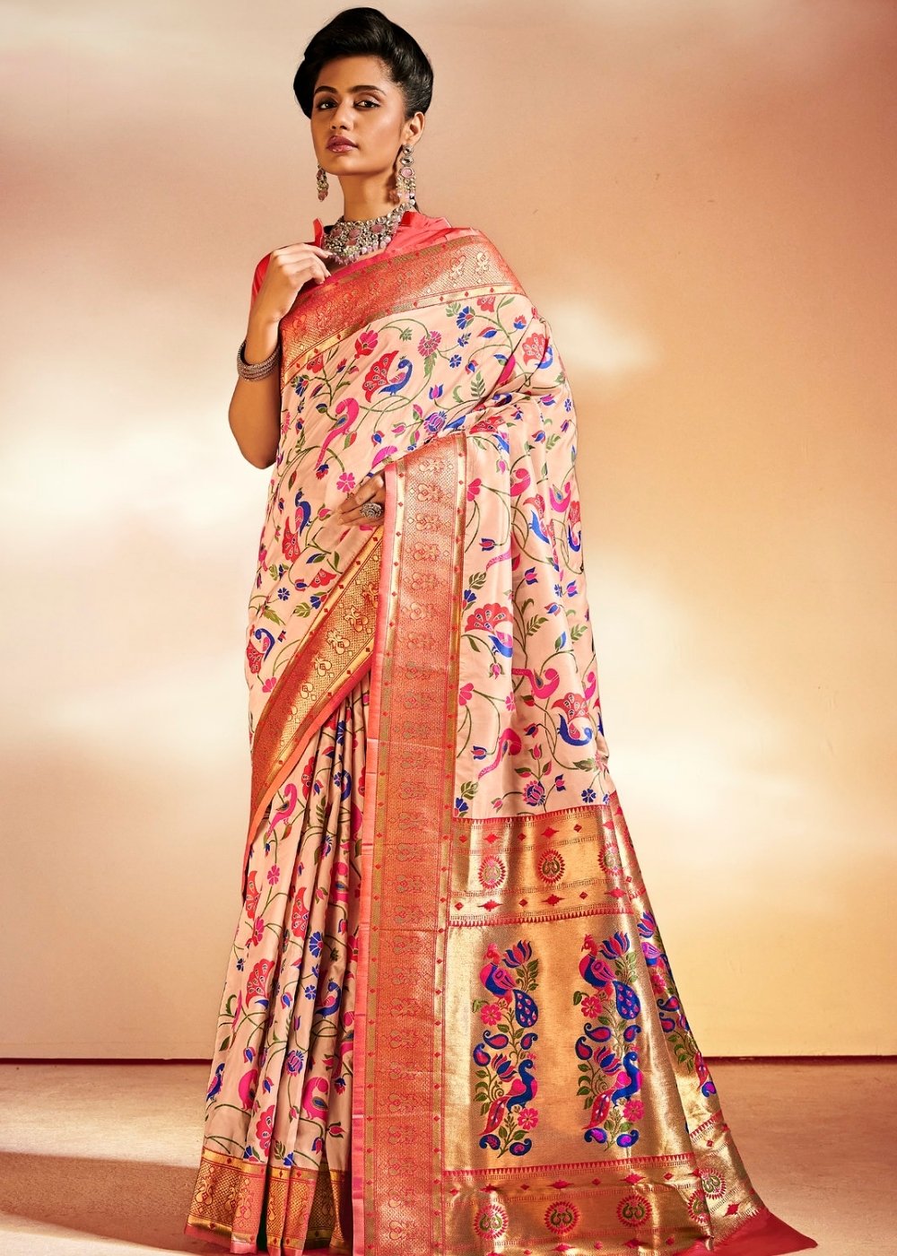 Salmon Pink Woven Banarasi Paithani Silk Saree