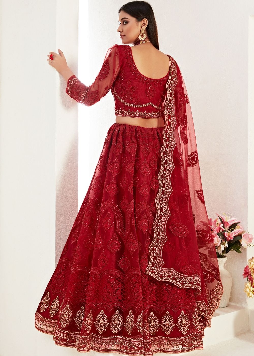 Apple Red Soft Net Lehenga Choli with Coding, Thread, Stonework & Zari Embroidery