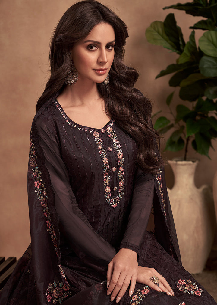 Dark Chocolate Brown Organza Salwar Suit with Embroidery Work