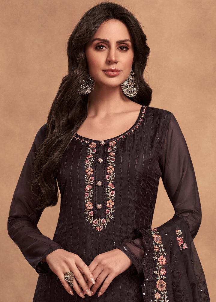 Dark Chocolate Brown Organza Salwar Suit with Embroidery Work