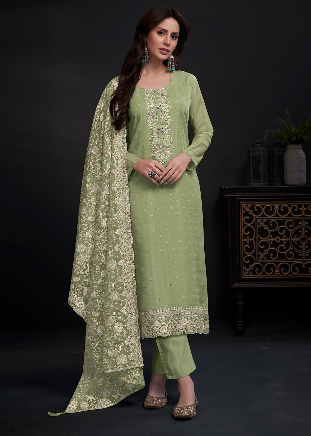 Pastel Green Designer Organza Salwar Suit with Embroidery Work