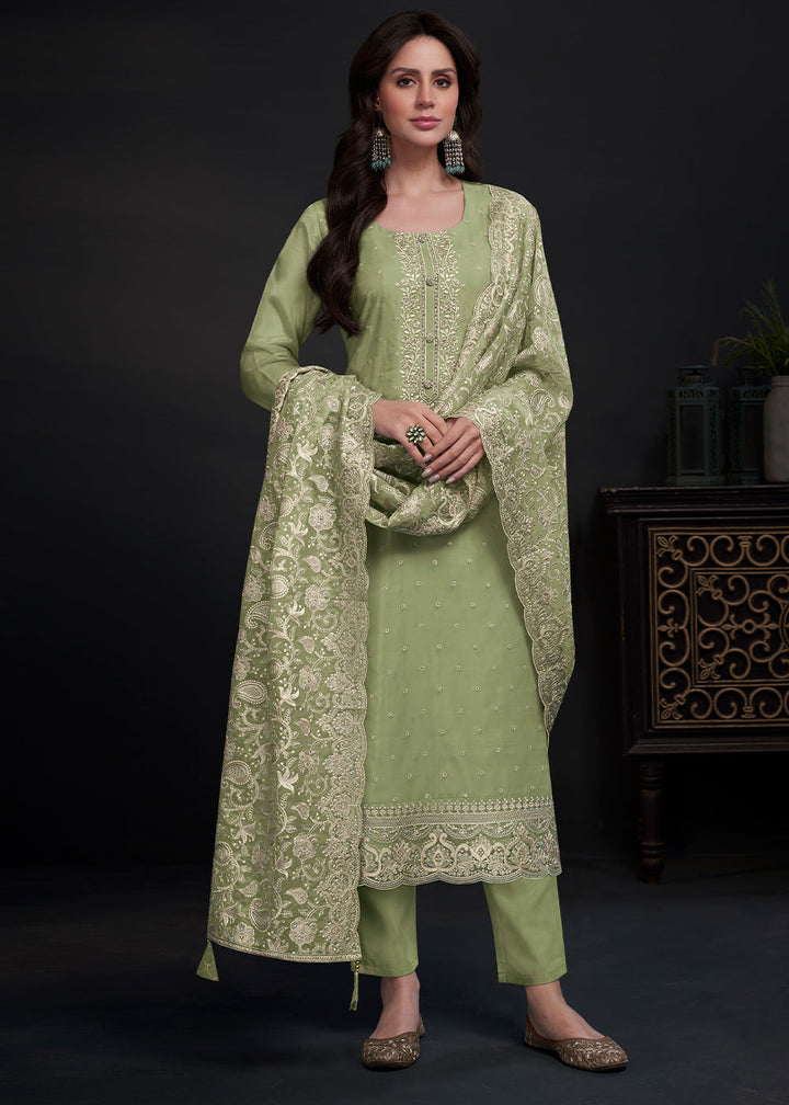 Pastel Green Designer Organza Salwar Suit with Embroidery Work