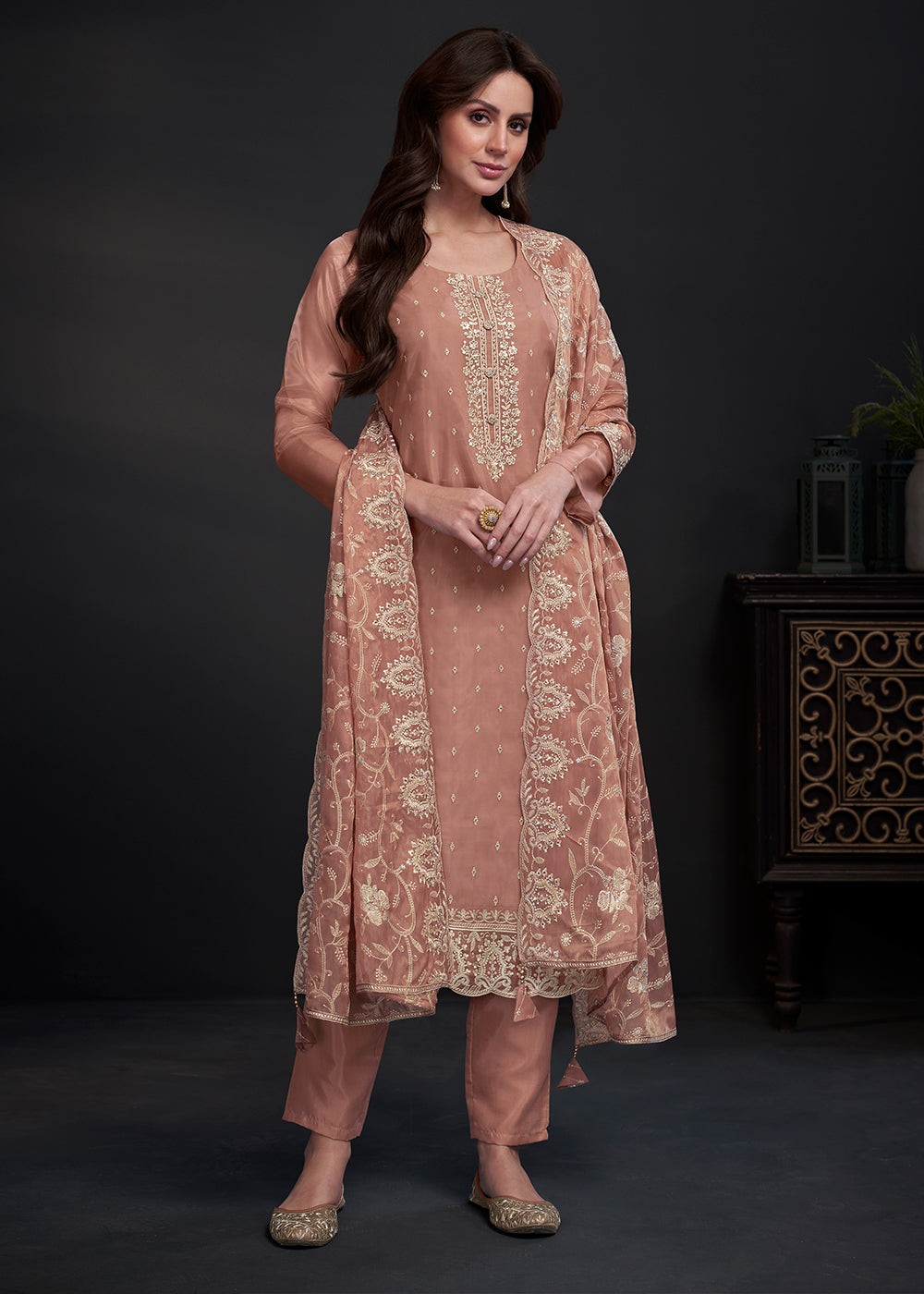 Light Brown Designer Organza Salwar Suit with Embroidery Work