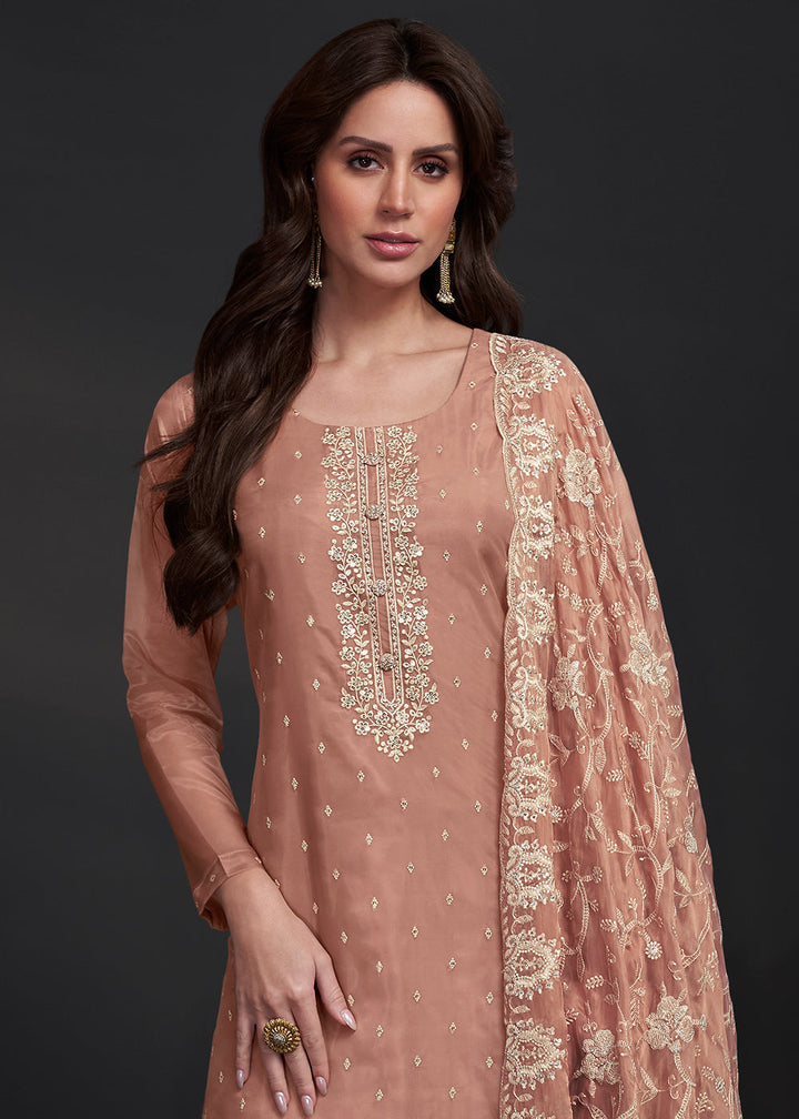 Light Brown Designer Organza Salwar Suit with Embroidery Work