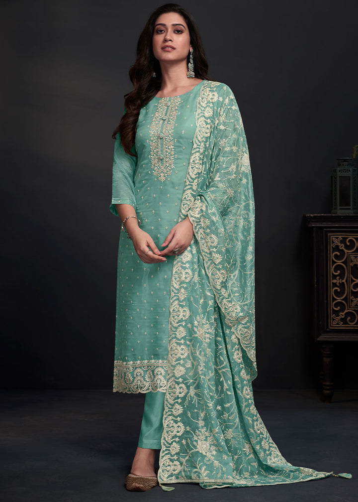 Turquoise Blue Designer Organza Salwar Suit with Embroidery Work