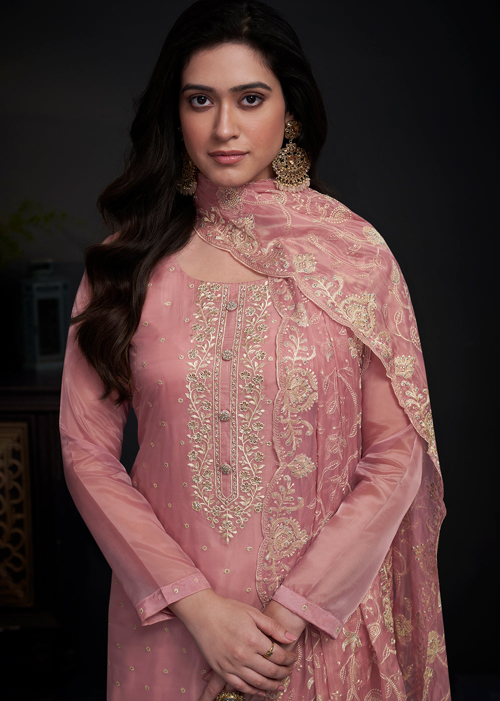 Rose Pink Designer Organza Salwar Suit with Embroidery Work