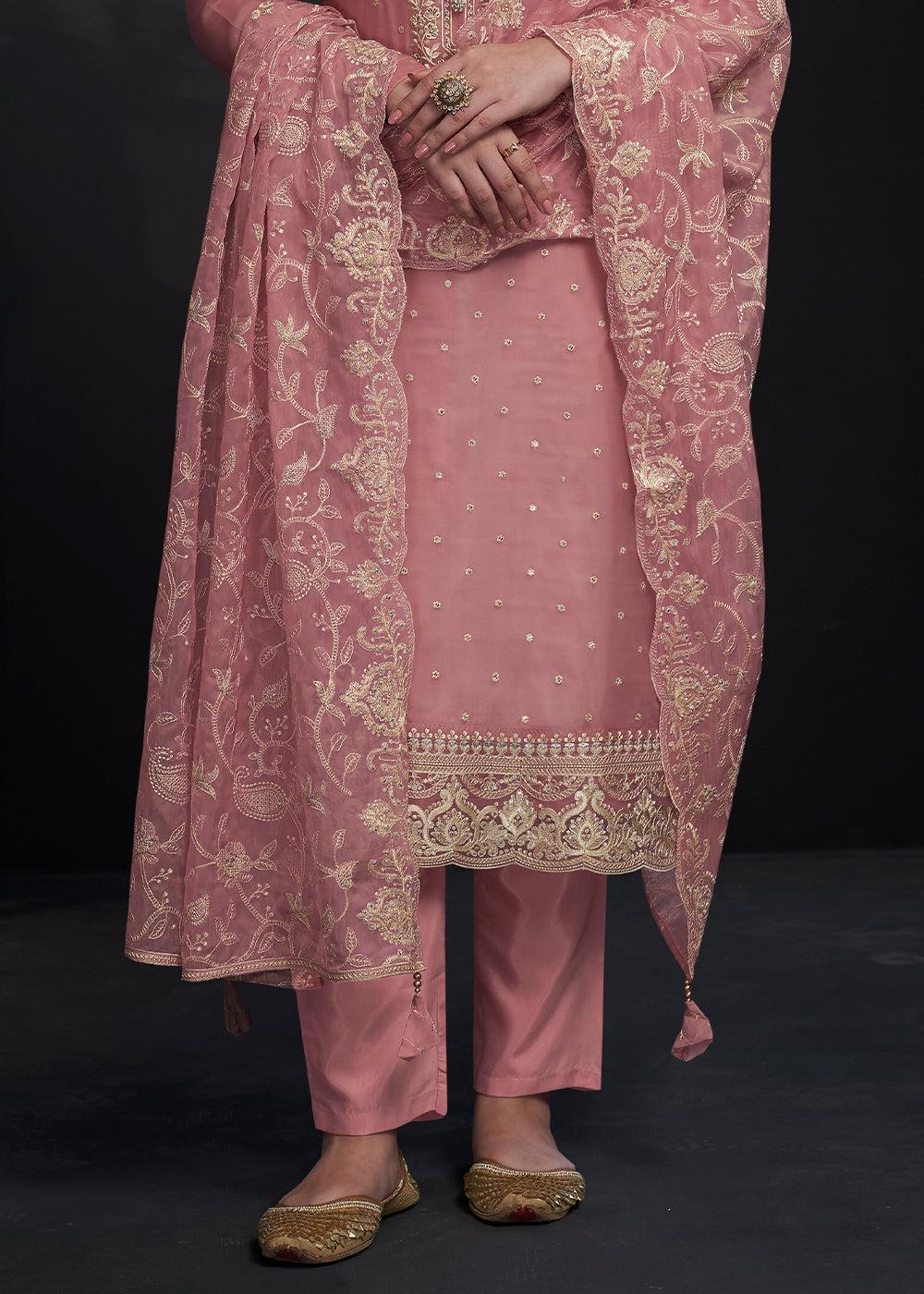 Rose Pink Designer Organza Salwar Suit with Embroidery Work