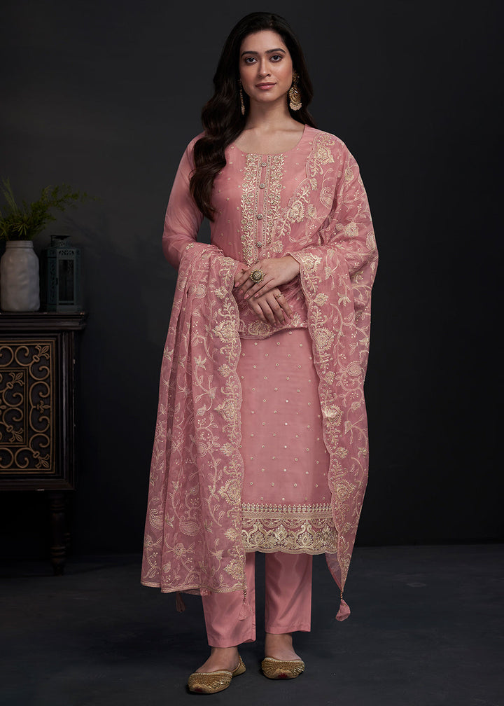 Rose Pink Designer Organza Salwar Suit with Embroidery Work