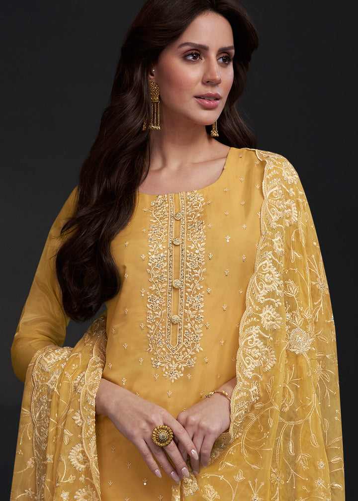 Tuscany Yellow Designer Organza Salwar Suit with Embroidery Work