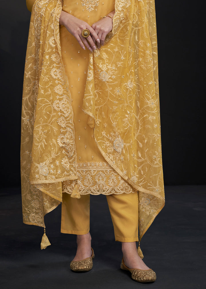 Tuscany Yellow Designer Organza Salwar Suit with Embroidery Work